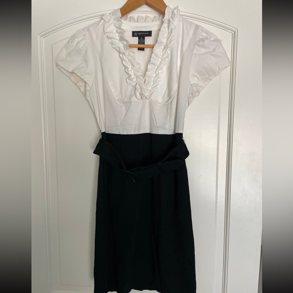 INC International Concepts White Ruffled Blouse Belted Dress
